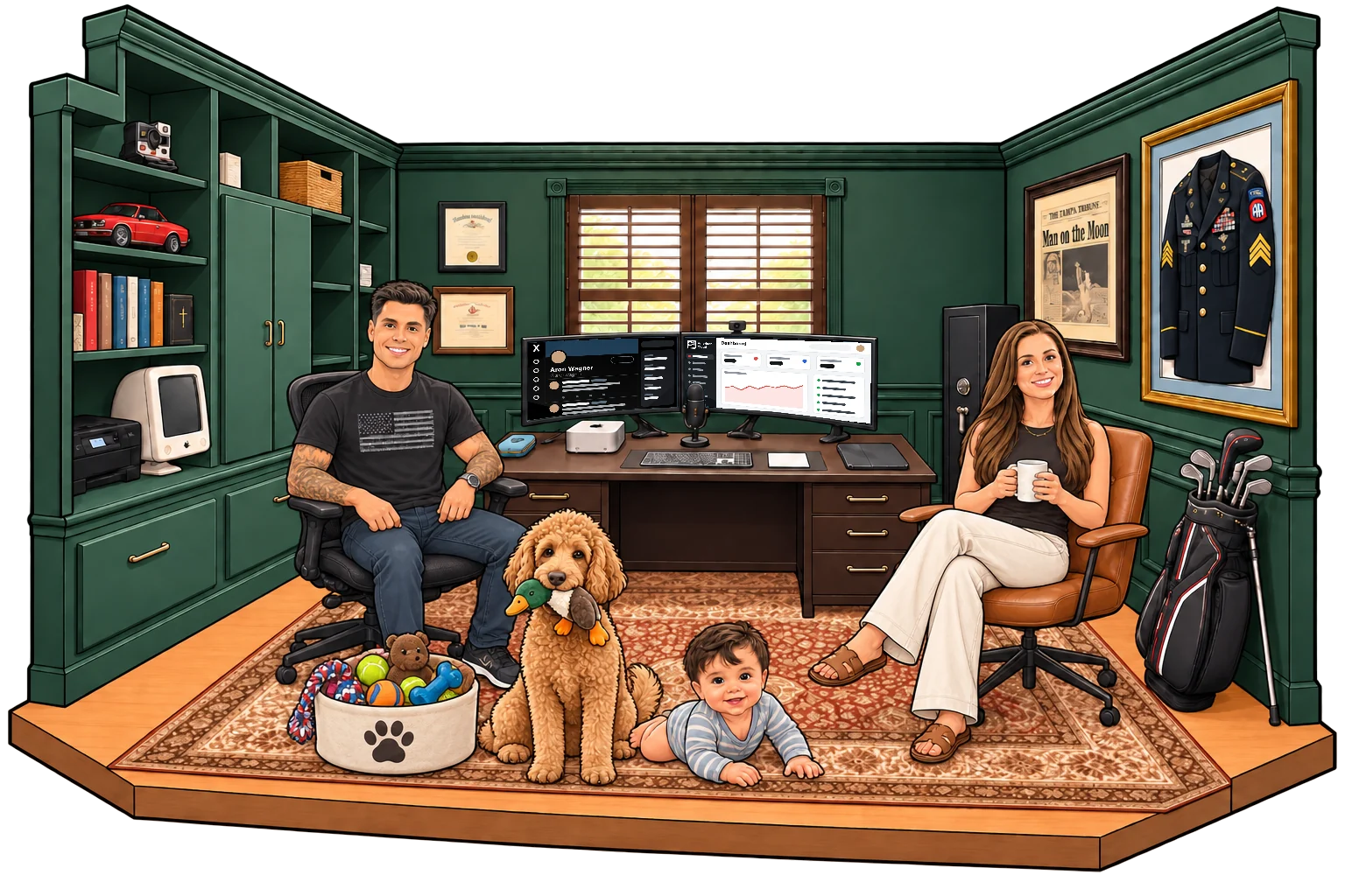 Aron, in a black T-shirt with an American flag print, sits in his hunter-green home office. His Goldendoodle Maggie sits beside him holding a duck toy next to an overflowing toy bin, his son Jack army-crawls across the Persian rug, and his wife Rebecca relaxes in a tan leather chair with a coffee. The office has a dark wood desk with two curved monitors, built-in bookshelves with a vintage eMac and a red BMW model car, a framed Army Class A uniform, a framed Tampa Tribune 'Man on the Moon' front page, and a golf bag in the corner.